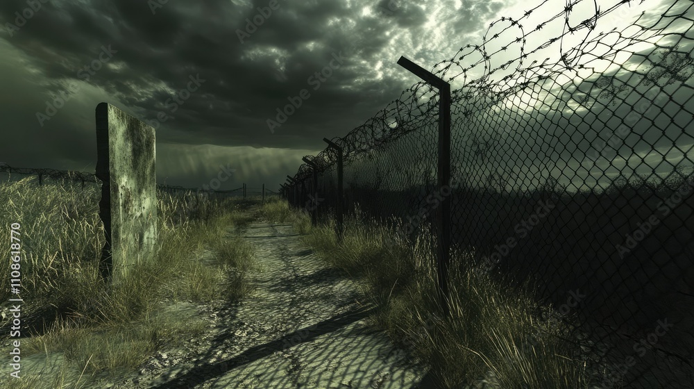 Poster barbed wire fence casting shadows on the ground, with a stormy sky in the background, creating an in