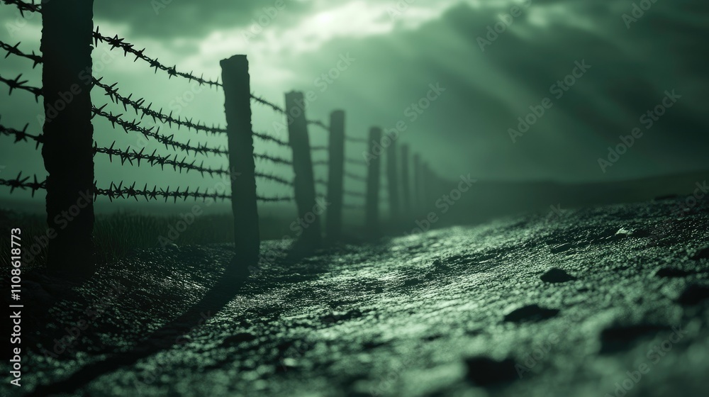 Poster barbed wire fence casting shadows on the ground, with a stormy sky in the background, creating an in