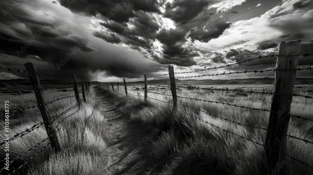 Poster barbed wire fence casting shadows on the ground, with a stormy sky in the background, creating an in