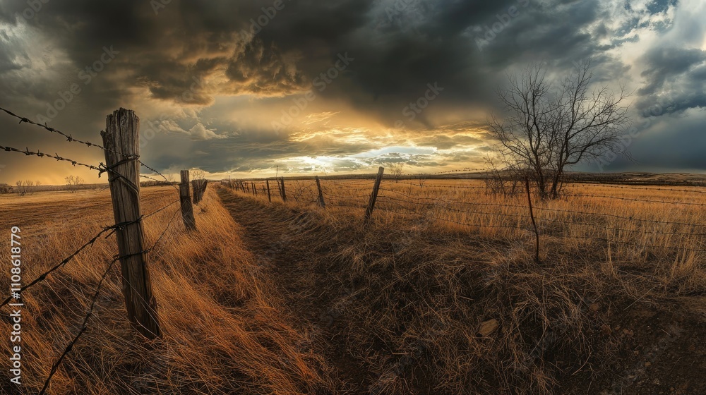 Poster barbed wire fence casting shadows on the ground, with a stormy sky in the background, creating an in