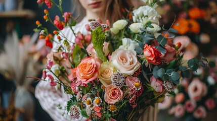 Beautiful luxury bouquet of mixed flowers in woman�s hand: The work of a florist at a flower shop.