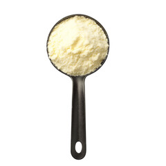 powder milk on a measuring spoon top view isolated on transparent white background, clipping path