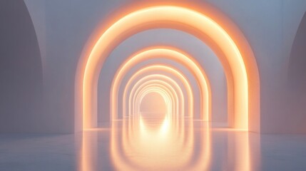 Obraz premium abstract light tunnel background. 3D render, white background with minimalist arches and glowing light in the middle. for product presentation, mockup, or design template.
