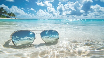 Close-up of sunglasses on the sand, reflecting a tropical beach with turquoise water and clear skies, perfect for travel or summer-themed imagery.