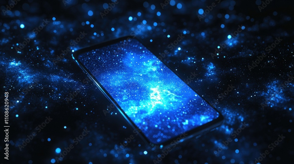 Poster cosmic galaxy background with a futuristic smartphone in the foreground, illuminated by glowing blue