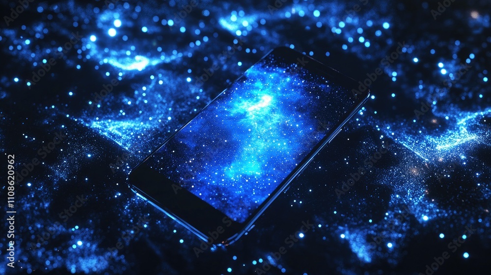 Poster cosmic galaxy background with a futuristic smartphone in the foreground, illuminated by glowing blue