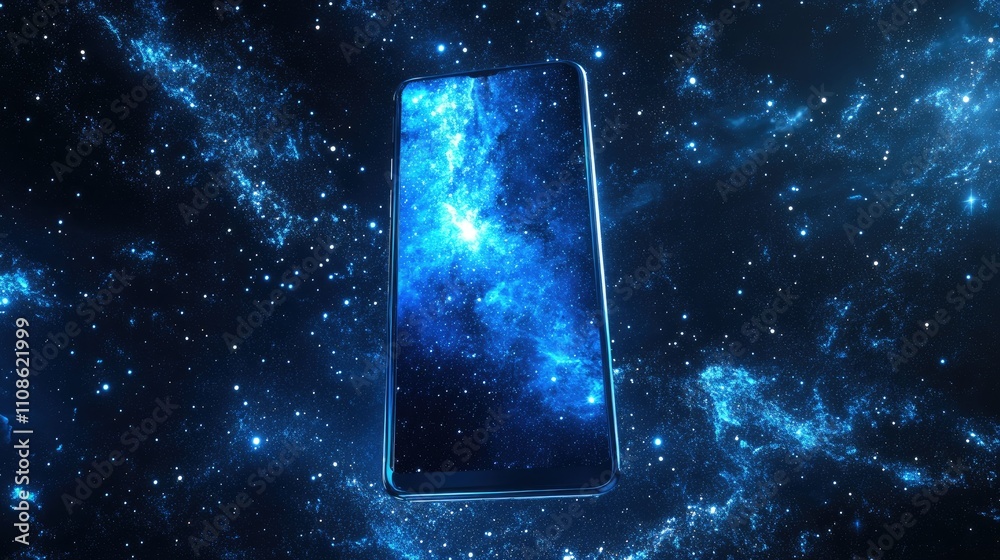 Poster futuristic phone design in front of a starry cosmic backdrop, with vibrant blue galaxy effects, emph