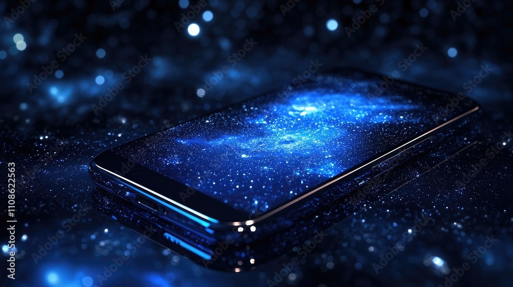 Poster modern smartphone design against a starry cosmic background with glowing blue galaxy effects, symbol