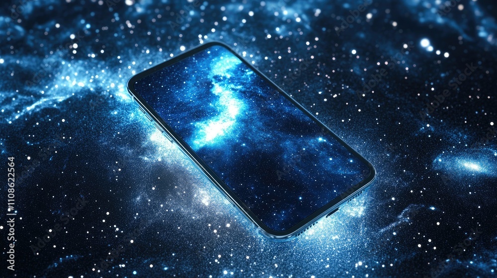 Poster modern smartphone design against a starry cosmic background with glowing blue galaxy effects, symbol
