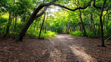 A moody forest shot with sunlight filtering through the trees, telephoto lens for depth, HDR effect, and worm&rsquo;s eye view. 