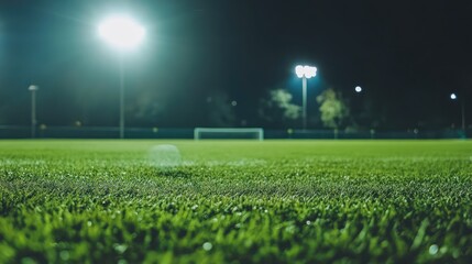 Soccer ball on a green grass field in the stadium, under bright lights during an evening match, creating an exciting sports atmosphere