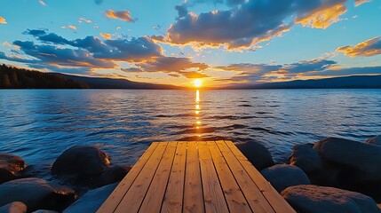 A serene photo of a sunrise over a calm lake, wide-angle lens for expansive view, golden hour lighting, and low angle shot. 