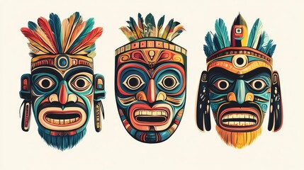 Naklejka premium Traditional cultural masks in vibrant colors, showing detailed craftsmanship and reflecting the rich heritage of indigenous art.
