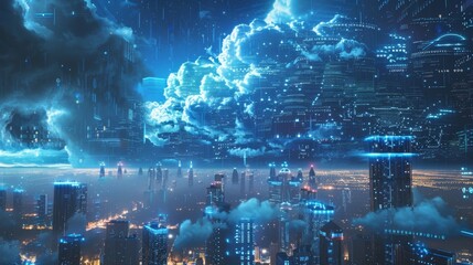 A futuristic cityscape below a thundercloud of data blocks conveying the potential for blockchain to revolutionize not just finance but our entire way of life.