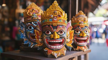 Fototapeta premium Vibrant, hand-crafted traditional masks on display, each one representing a unique aspect of cultural history and craftsmanship.
