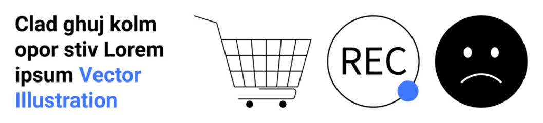 Fototapeta premium Shopping cart, record button, and sad face emotion with placeholder text. Ideal for e-commerce, media recording, emotion representation, presentations, web design, user interfaces, and educational