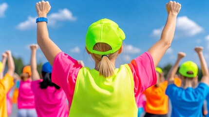 Victory Lap: A vibrant fitness group celebrates a shared accomplishment under a bright summer sky. The energy is palpable; arms raised in triumph, reflecting a sense of unity and shared success.