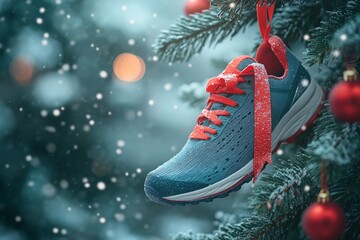 A running shoe hanging on a red ribbon in Christmas tree.