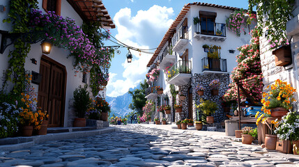 Obraz premium A street scene with a lot of flowers and plants