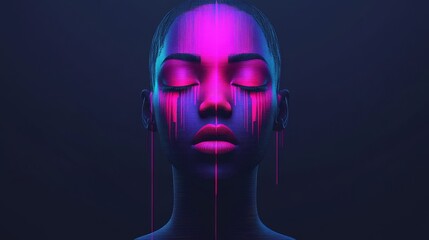 A surreal 3D illustration of a cyborg head wearing a futuristic, ominous mask featuring teeth. The artificial face has a damaged neck, embodying a sci-fi character's creative soldier concept art. The