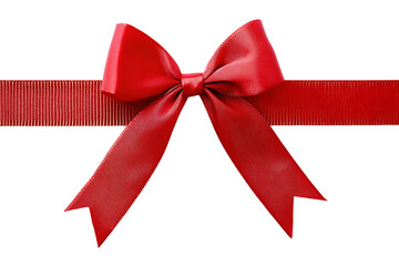 Festive curly red ribbon bow on transparent background