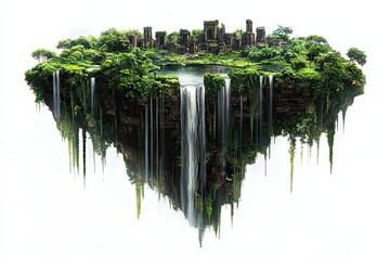 Floating Island with Ancient Ruins and Waterfalls,A surreal floating island featuring lush greenery, cascading waterfalls, and ancient ruins, suspended in midair on a white background.

