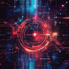 Obraz premium Abstract digital technology background with glowing red and blue circuits and a central target.