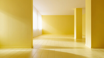 Fototapeta premium Yellow empty studio room interior design, yellow walls and corner, tiled yellow empty floor background