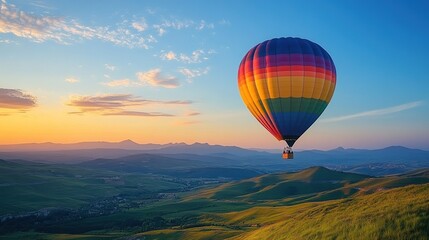 Fototapeta premium Hot Air Balloon Soaring Over Scenic Landscape at Sunrise