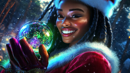 Naklejka premium Young adult, 24 years old, Christmas hat holds sparkling snow globe in hand- Cute Christmas&nbsp;Illustration
