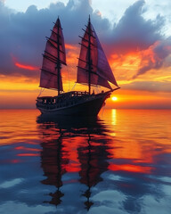 Fototapeta premium Sunset sailboat on calm ocean water.