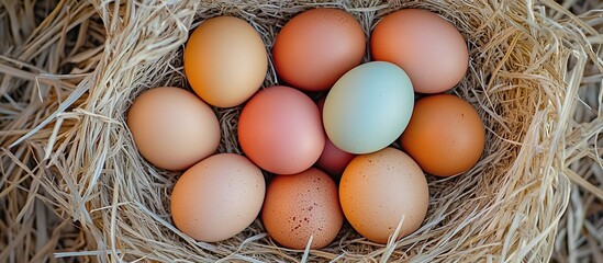 Pastel-Colored Eggs Nestled in Hay