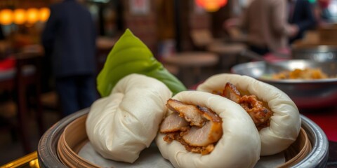 A close-up shot of a steamed pork belly bao bun wrapped in a lotus leaf, a popular snack in Taiwan, snack, traditional