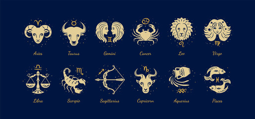 Zodiac signs set. Aries, leo, gemini, taurus, scorpio, aquarius, pisces, sagittarius, libra, virgo, capricorn and cancer. Vector illustration.  © Sunnydream