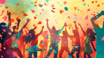 Colorful Celebration Crowd Dancing Amidst Falling Confetti