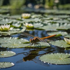 A dragonfly hovering over a calm pond with water lilies.

