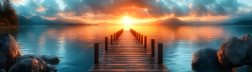 Obraz premium Wooden pier extending to vibrant sunset over tranquil lake.