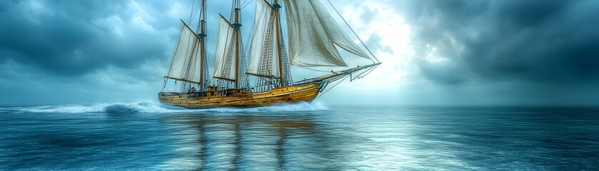 Wooden sailing ship at sea under a stormy sky.