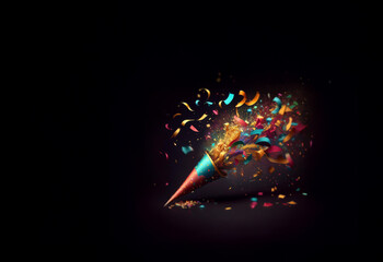 A party horn explodes with vibrant confetti, ribbons, and golden sparkles against a dark background.  A festive burst of color and joy.