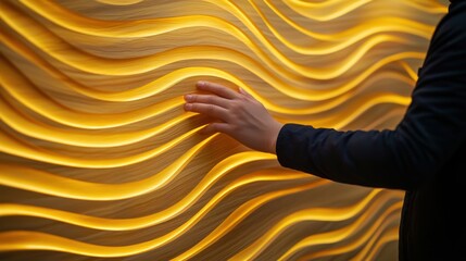 A person touches a textured wall with flowing patterns illuminated by warm, ambient light, creating a soothing visual experience.