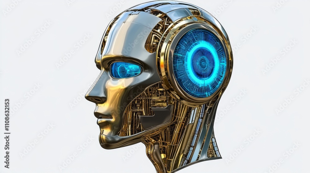 Poster a 3d rendering of an ai robot head featuring a visible digital brain engine, set against a white bac