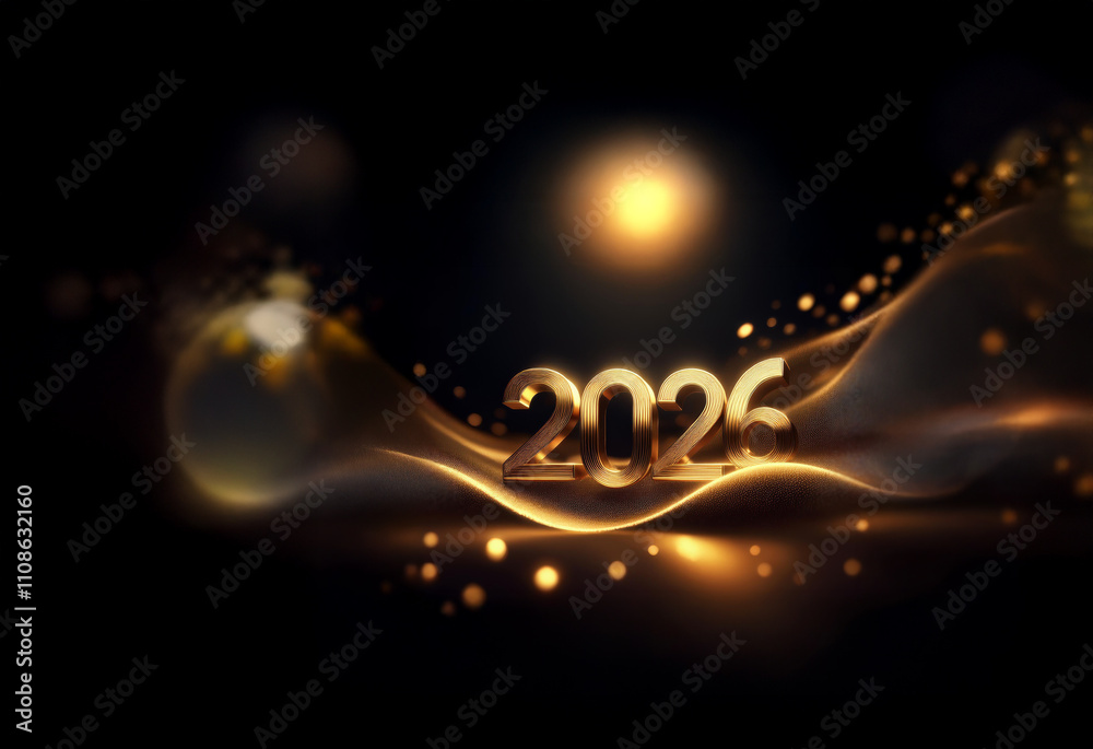 Poster Glowing golden 2026 numerals rest on a dark, undulating surface, illuminated by warm light and shimmering particles.  A luxurious and celebratory feel.