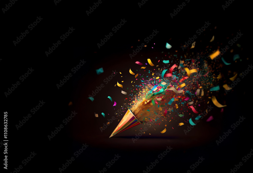 Poster a burst of colorful confetti explodes from a striped party cone against a dark background. the vibra