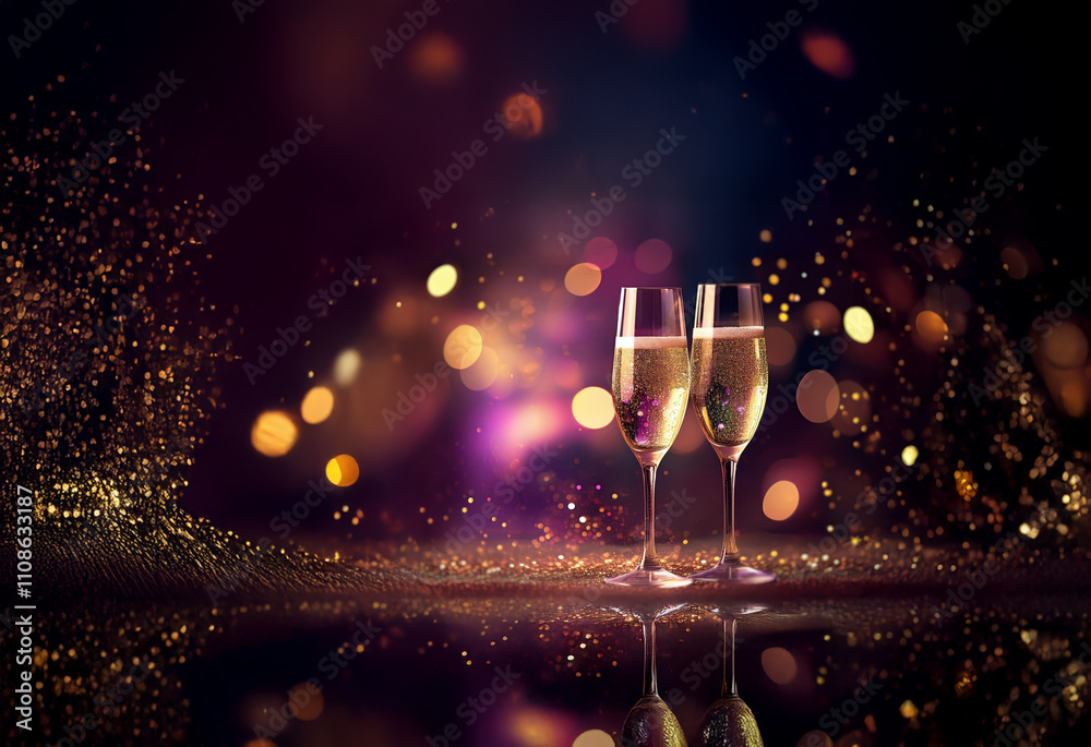 Aufkleber two champagne flutes filled to the brim, sparkle against a backdrop of shimmering lights and bokeh. 