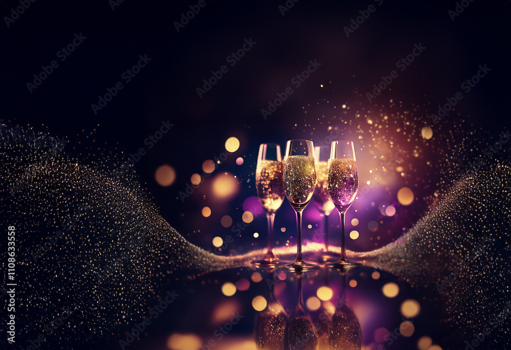Poster three champagne flutes filled with sparkling golden liquid sit on a shimmering surface, bathed in a 