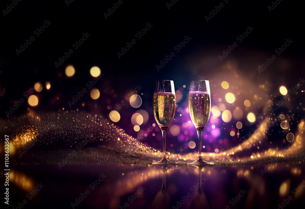 Poster two champagne flutes filled to the brim, sparkle against a backdrop of glittering bokeh lights and r