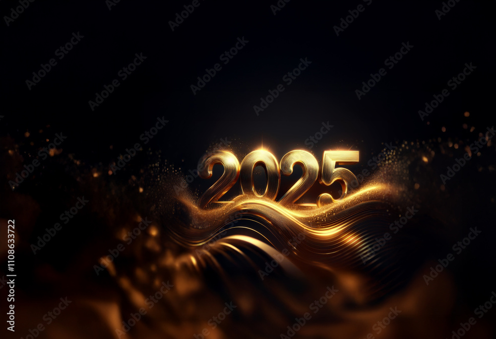 Poster golden 2025 digits rest on a dark, flowing, metallic wave with glittering particles. a luxurious and