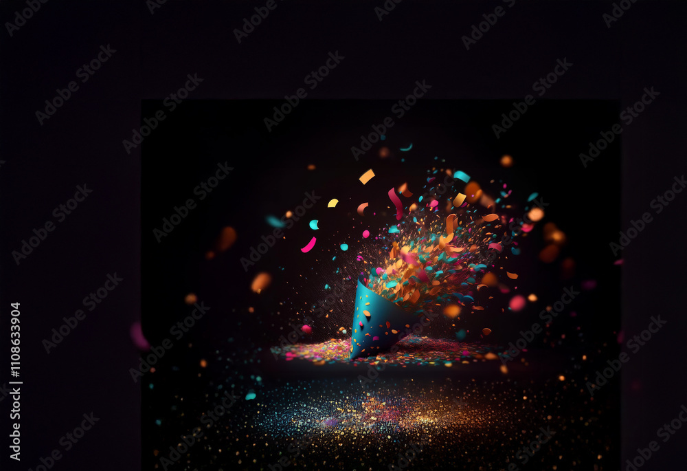 Aufkleber a vibrant explosion of colorful confetti bursts from a teal party cone against a dark background. th