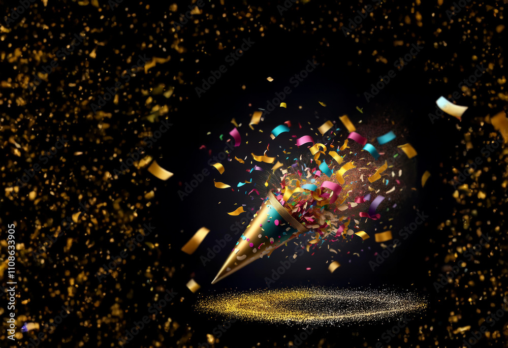 Poster A burst of colorful confetti and ribbons explodes from a party cone against a dark background.  The image evokes celebration and joy.