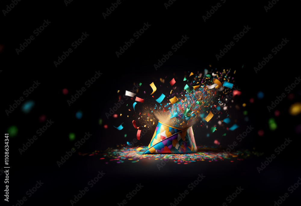 Aufkleber a colorful party hat explodes, showering vibrant confetti and sparkles against a dark background. th